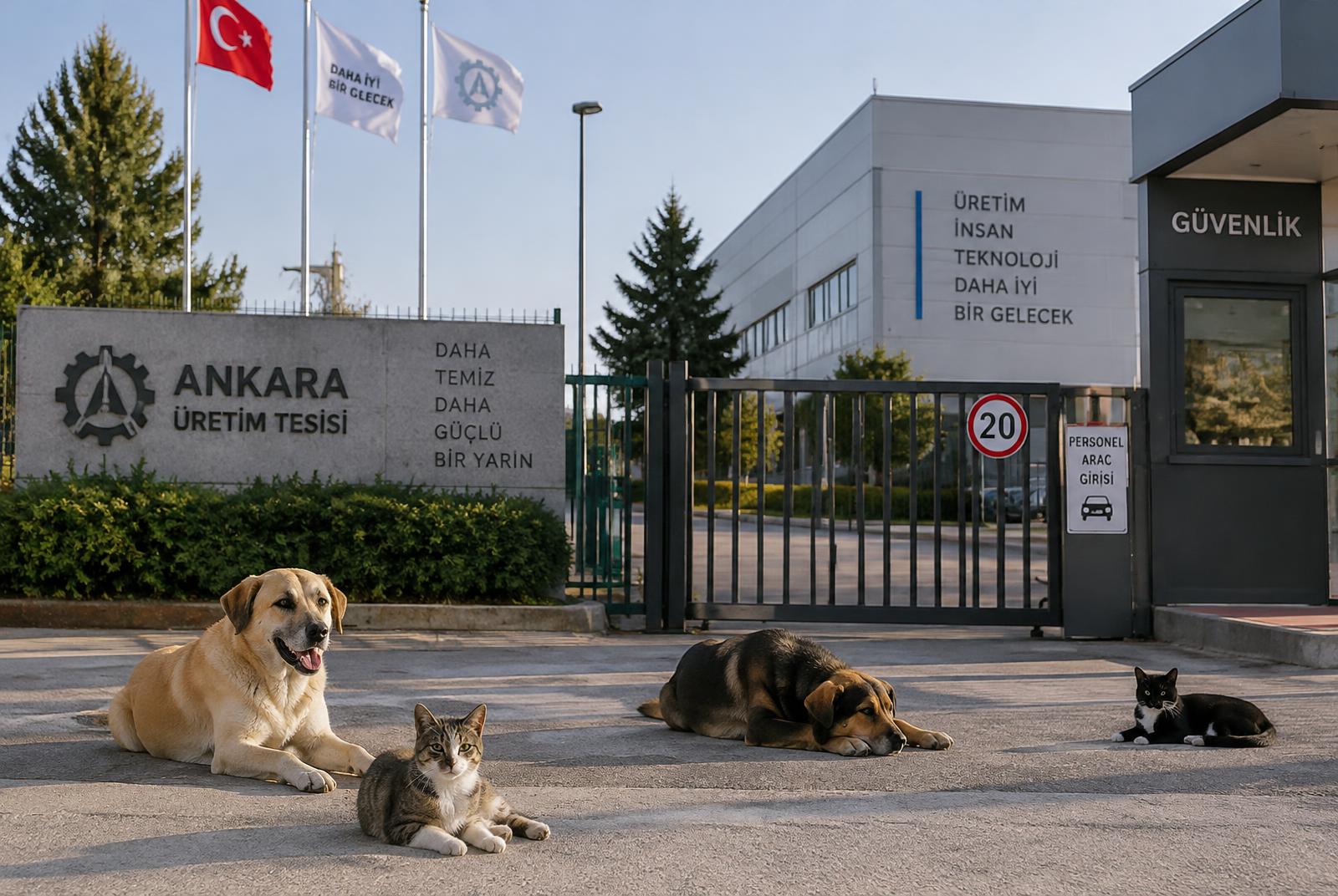 Dogs and cats resting at the factory gate